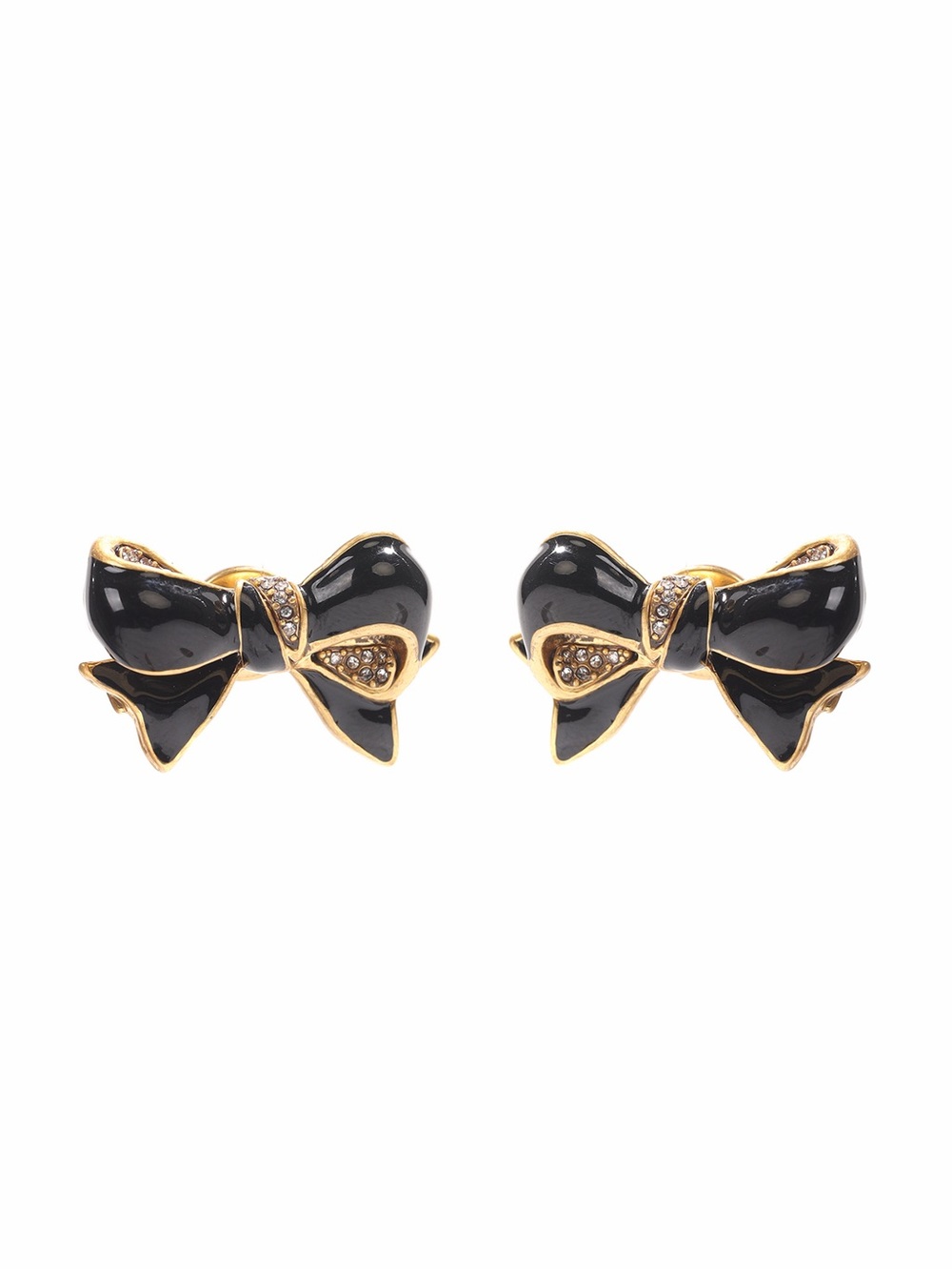 Gold-Tone Black Enamel Bow Stud Earrings 925 sterling silver posts